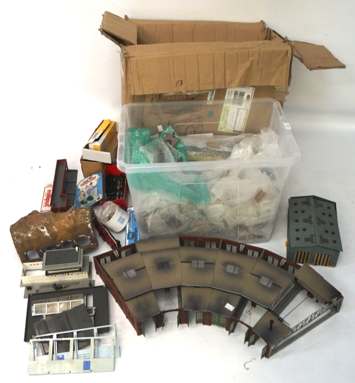 Two boxes of model railway scenary and related wares,