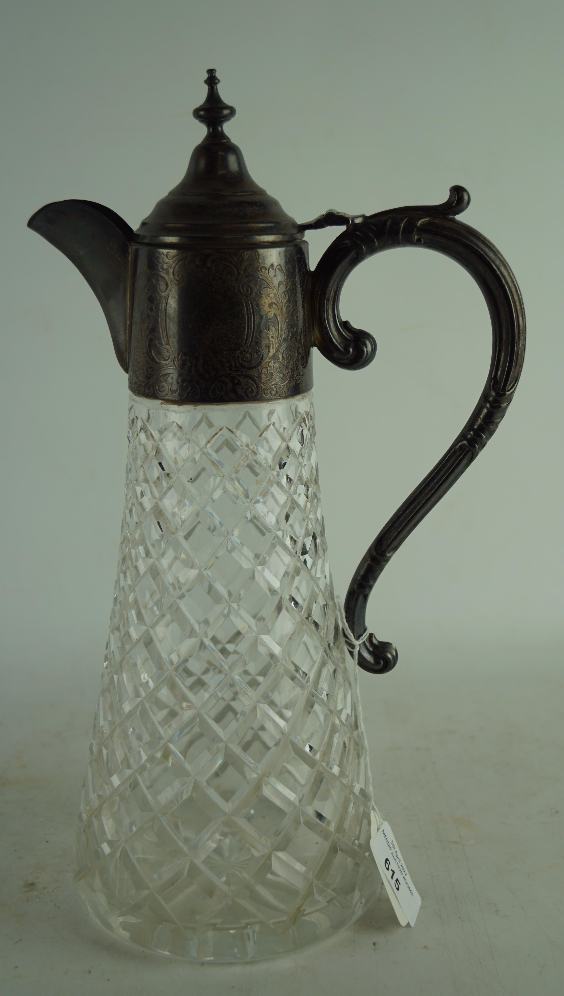 A silver diamond cut glass claret jug by Charles S Green & Co, Birmingham 1971,