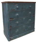 A Victorian blue painted mahogany chest of drawers, with two short drawers above three long drawers,