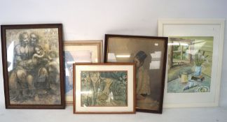 Five pictures and prints, including a floral still life watercolour by Halina Bayfield,