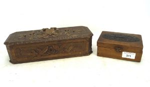 Two wooden boxes, the first mounted with Arts and Crafts oval metal plaque,