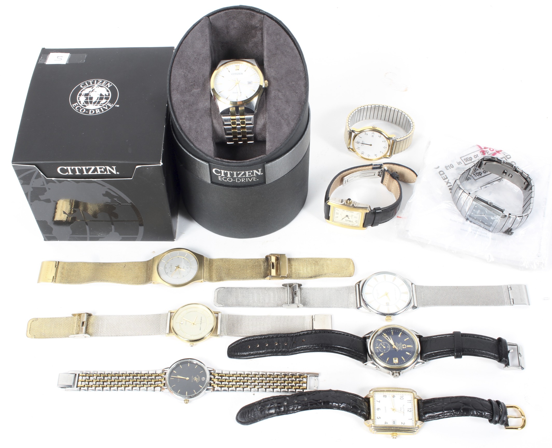 A collection of assorted wrist watches, including: a Citizens Eco Drive, Christian Lars,