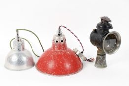 A selection of vintage lighting, to include a red painted metal light,