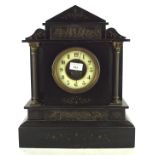 A Victorian slate mantle clock, of architectural form, with Arabic numerals on an ivorine dial,