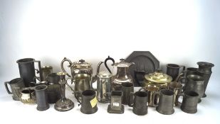 Assorted silver plated and pewter wares, including: mugs.