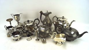 An assortment of silver plated and other metalwares, to include teapots,