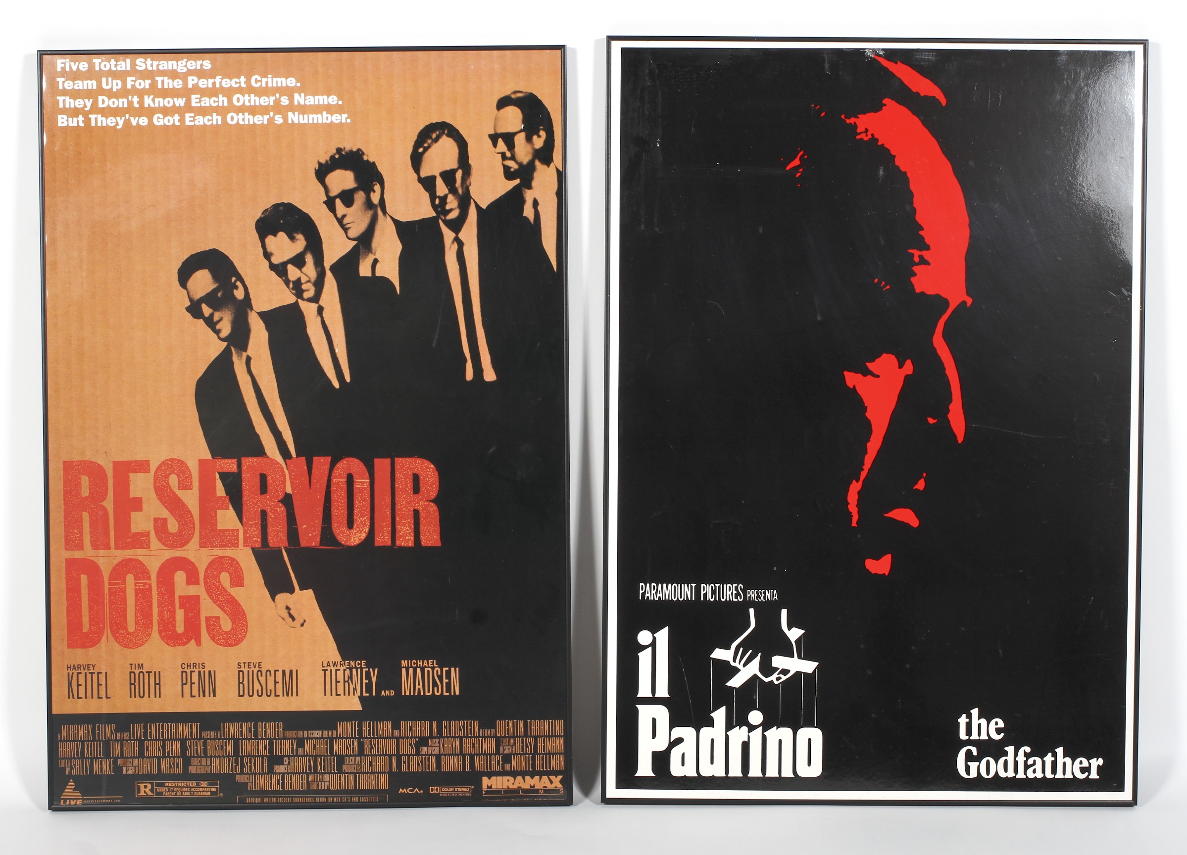 Two film posters for 'Reservoir Dogs' and 'The Godfather',