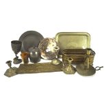 An assortment of metalware, to include a 19th century pewter lidded barrel, a silver plated trophy ,