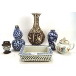 A collection of Chinese ceramics including blue and white vases (AF), a lacquer vase,