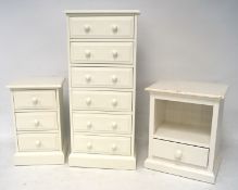 Two contemporary white drawer units and a bedside cabinet,