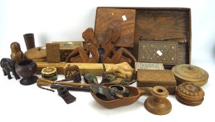 A quantity of treen, including a tray, inlaid boxes,