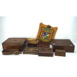 A group of wooden boxes, including: a lacquered example, another inlaid with bone,