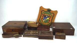 A group of wooden boxes, including: a lacquered example, another inlaid with bone,