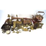 An assortment of mixed collectables, including: a brass hunting horn, printing blocks,