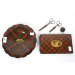 A collection of Scottish Tartan Ware, comprising a tray, two pairs of scissors,