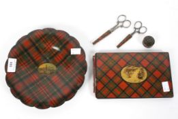 A collection of Scottish Tartan Ware, comprising a tray, two pairs of scissors,