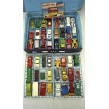 A Matchbox carry case containing 48 diecast vehicles, including cars, emergency vehicles,