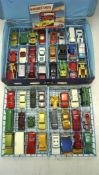 A Matchbox carry case containing 48 diecast vehicles, including cars, emergency vehicles,