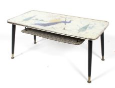 A retro coffee table, with peacock decoration adorning the top, L91cm x D45cm x H41.