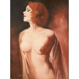 A 20th century oil on board, depicting a portrait of a nude woman, signed (lower left) 'Thorton',