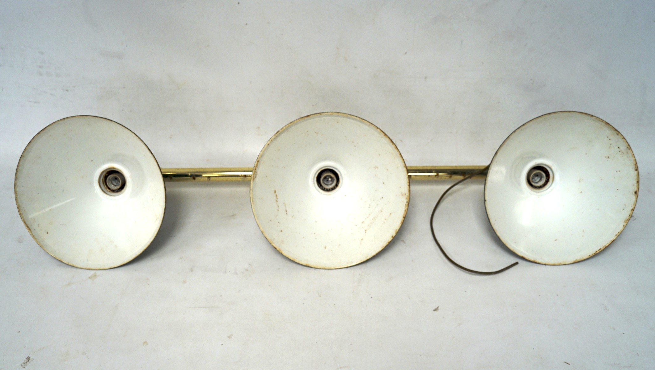 A 20th century hanging metal ceiling billiard light with three green enamel shades, L146cm, - Image 2 of 2