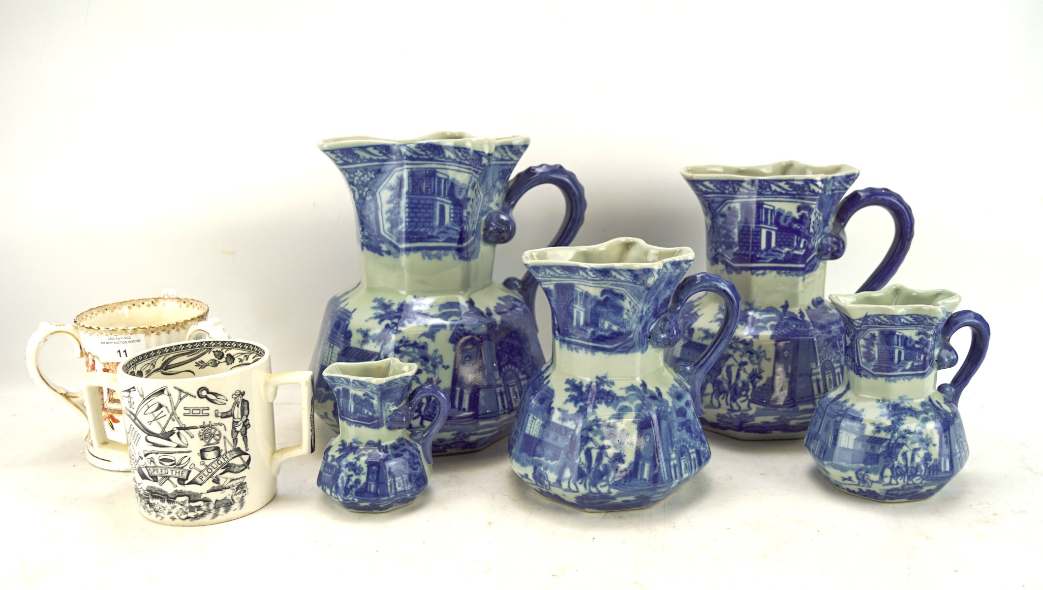 A graduated set of five reproduction Victorian style ironstone blue and...