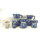 A graduated set of five reproduction Victorian style ironstone blue and white jugs, H25 cm,