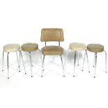 A set of four vintage stools and a similar chair, each raised upon chrome supports,