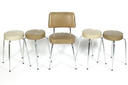 A set of four vintage stools and a similar chair, each raised upon chrome supports,