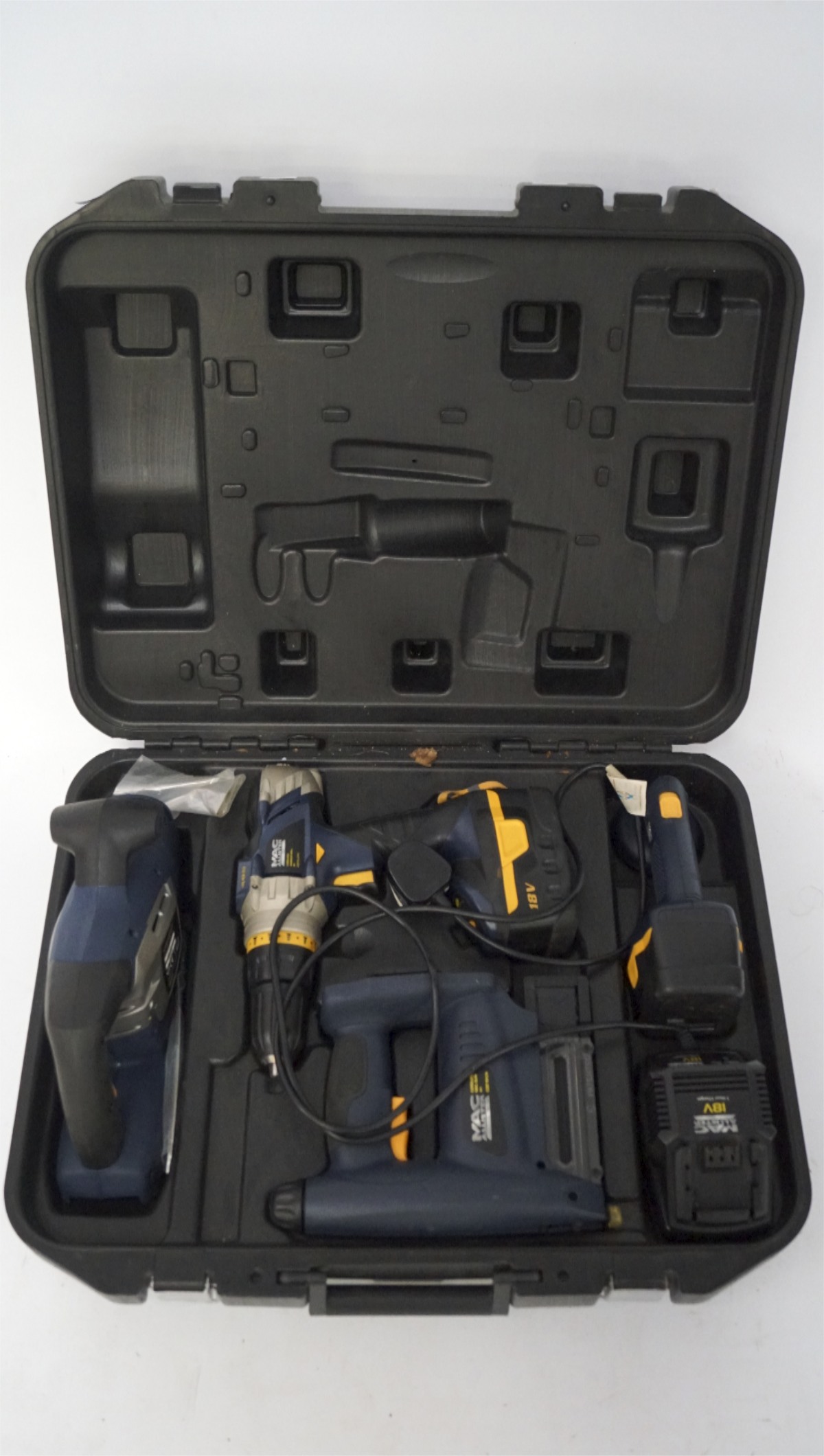 A Mac Allister electric tool set in fitted box, to include a nail gun,