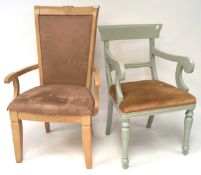 Two contemporary armchairs, one painted in duck egg blue,