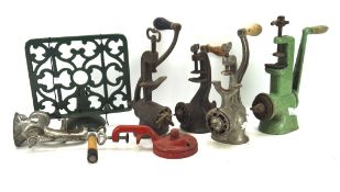 A selection of vintage metal mincers, some painted, including examples by Spong & Co,
