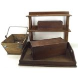 A collection of treen, including a small set of wall shelves, a tray,