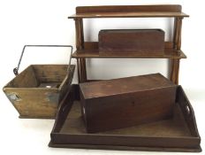 A collection of treen, including a small set of wall shelves, a tray,