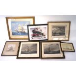 A collection of prints and pictures, featuring maritime scenes and trains, all framed and glazed,