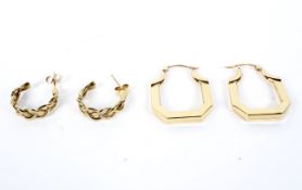 Two pairs of 9ct gold hoop earrings, one pair of geometric form, the other of twisted form,