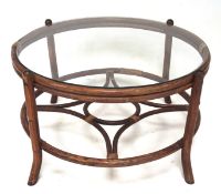 A circular glass-topped bamboo coffee table, the lower tier joined with D-shaped, 83 cm diam.