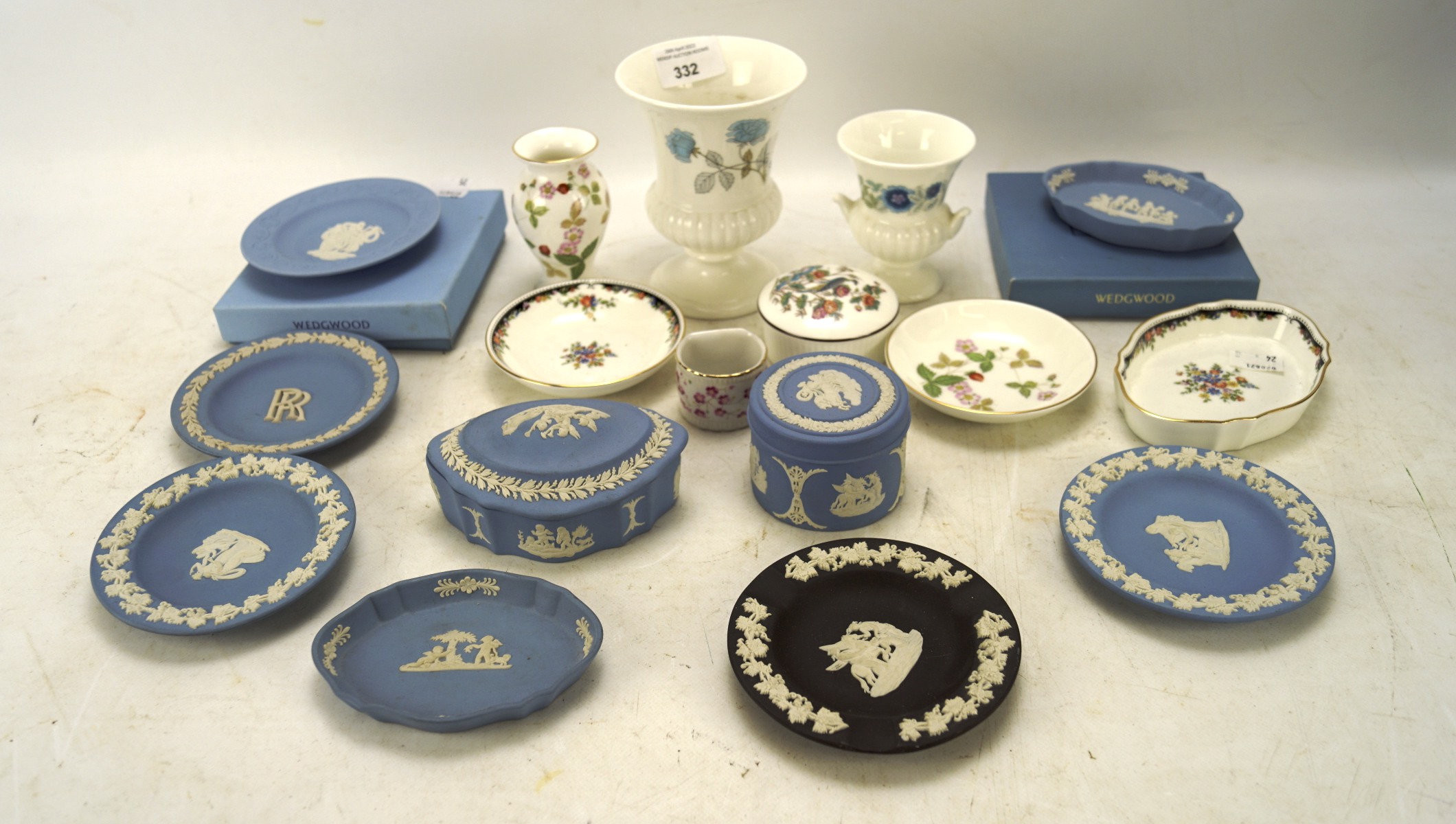 An assortment of 20th century Wedgwood jasperware and bone china, including trinket dishes,