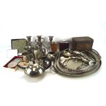 A collection of silver plated wares, to include a three sconce candelabra- H19cm,