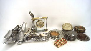 A collection of silver plate, including a thimble, tray, pair of coasters,