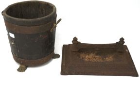 A Victorian cast iron boot scraper and an oak footed jardiniere, the first with beeded rim, L43cm,
