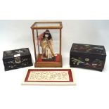 An assortment of Chinese items including: two lacquered boxes, a pierced carved panel,