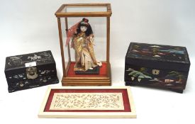 An assortment of Chinese items including: two lacquered boxes, a pierced carved panel,