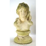 A 20th century stone garden ladies bust, with single flower in her hair,