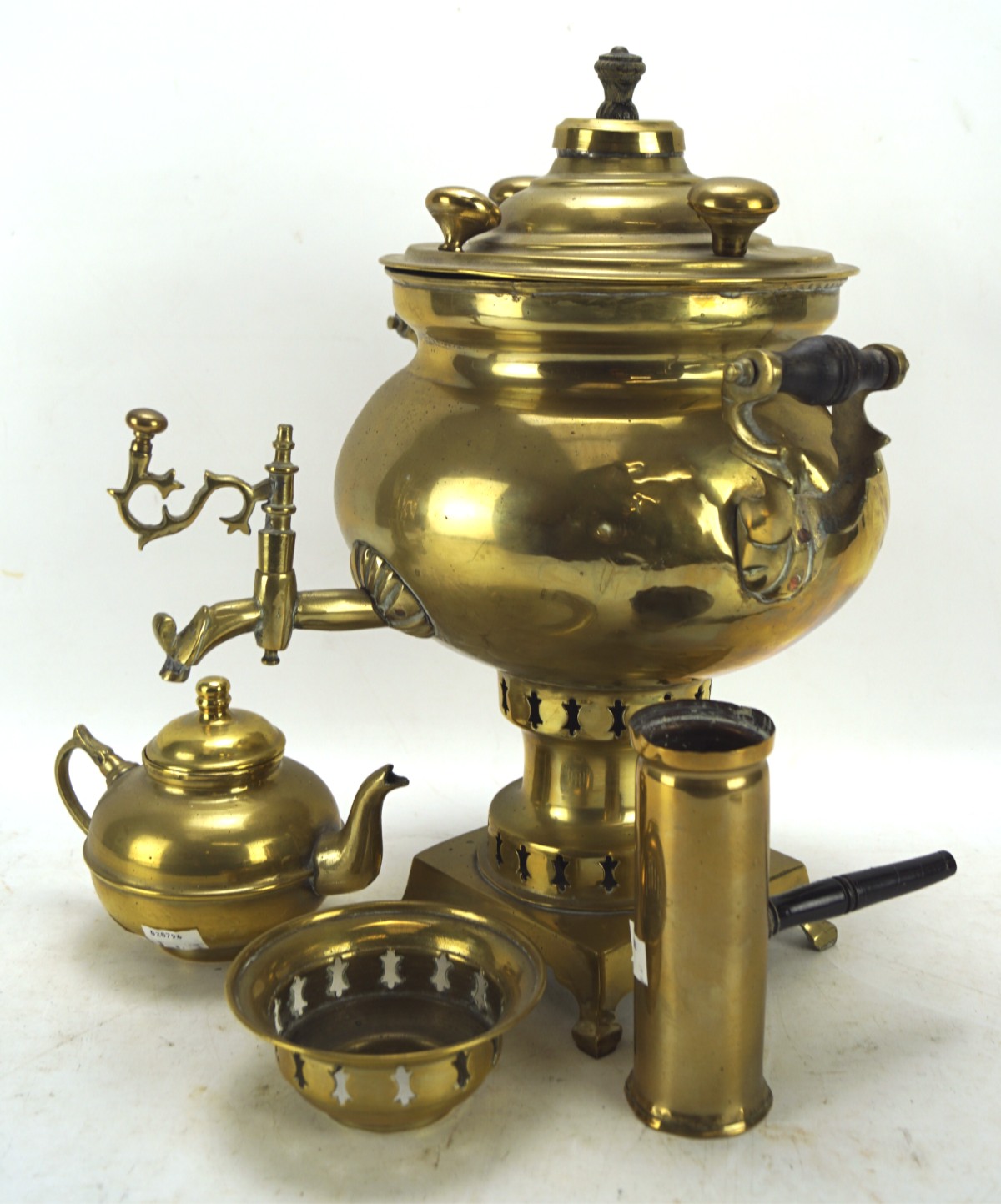 A brass samovar, with strainer and teapot,