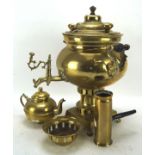 A brass samovar, with strainer and teapot,