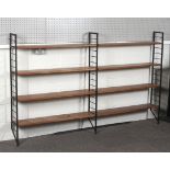 Two Staples Ladderax open bookcase sections, with three black metal uprights, L215cm x D20.