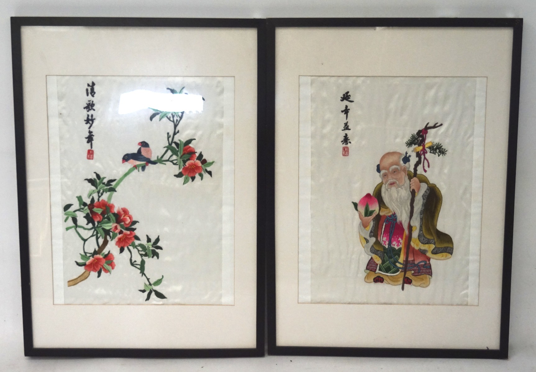 Two Chinese silk pictures, the first with a man holding a peach,