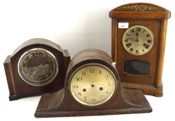 Three early 20th century wooden mantle clocks, with two having Arabic numerals denoting hours,