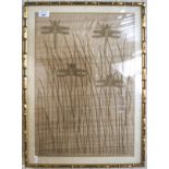 A 20th century needlework panel depicting dragonflies amongst reeds, framed and glazed,